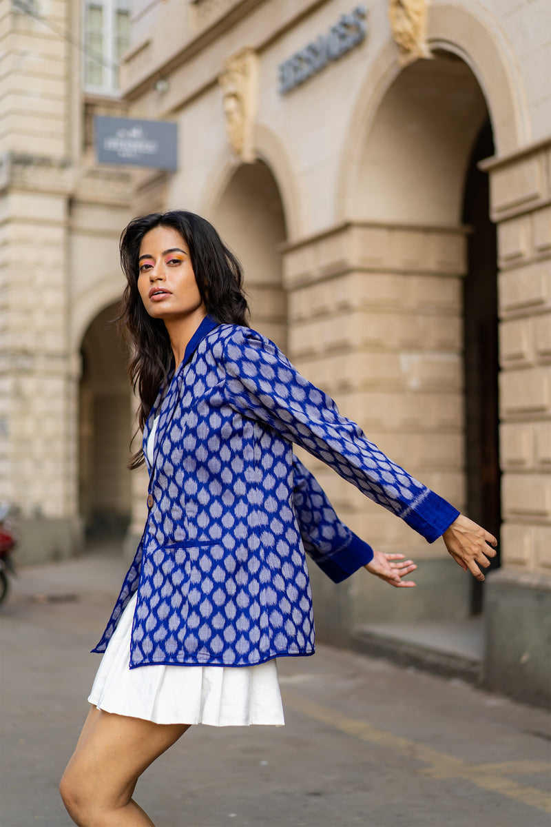 Krushnachuda Royal Blue Ikat Blazer With Back Wrap