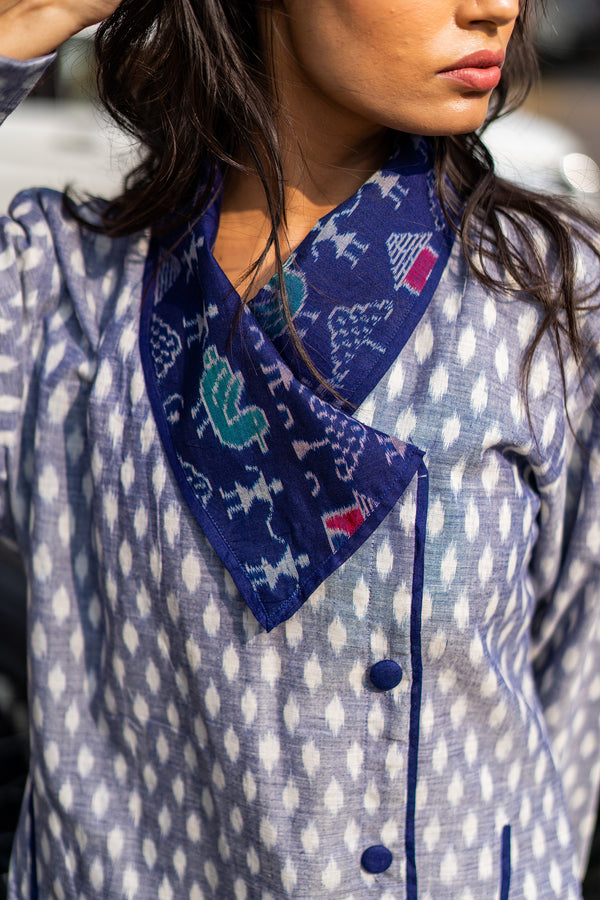 Krushnachuda Blue Ikat Jacket With Contrast Shawl Collar