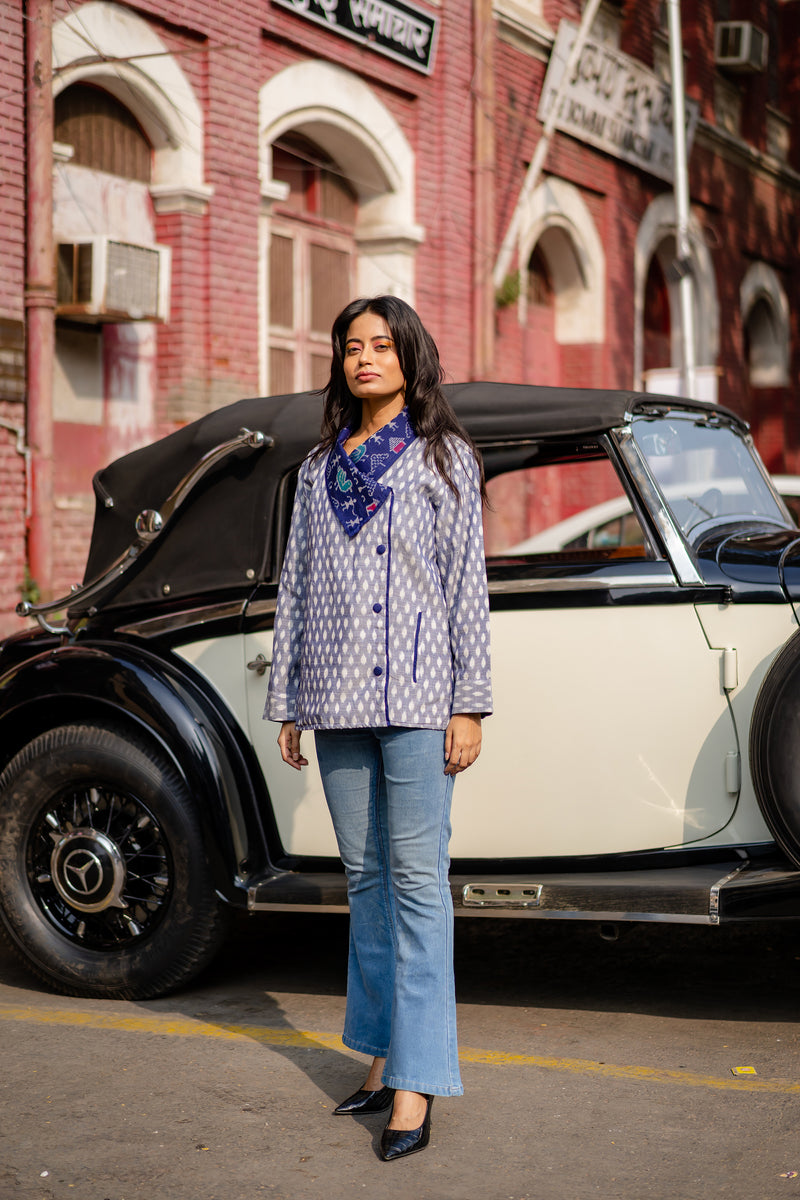 Krushnachuda Blue Ikat Jacket With Contrast Shawl Collar