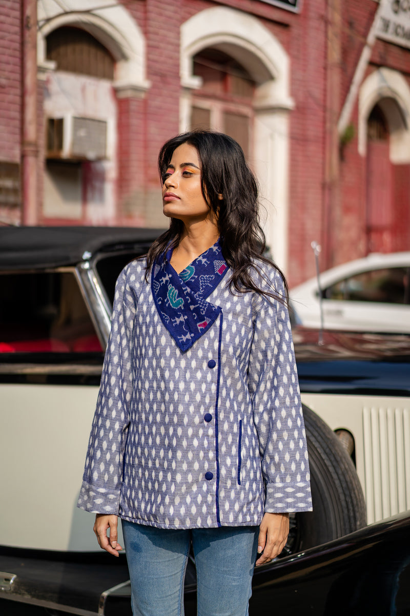 Krushnachuda Blue Ikat Jacket With Contrast Shawl Collar