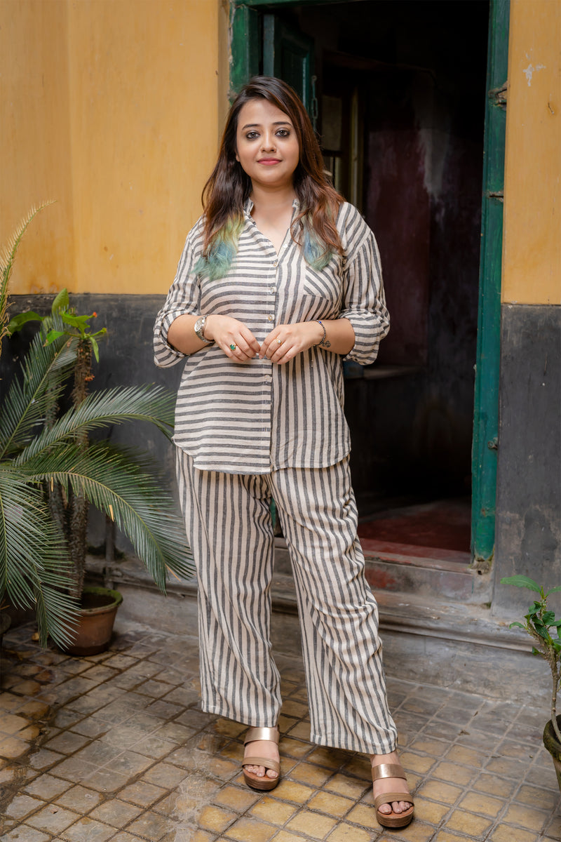 Krushnachuda Grey Striped Woven Shirt With Mother Of Pearl Buttons