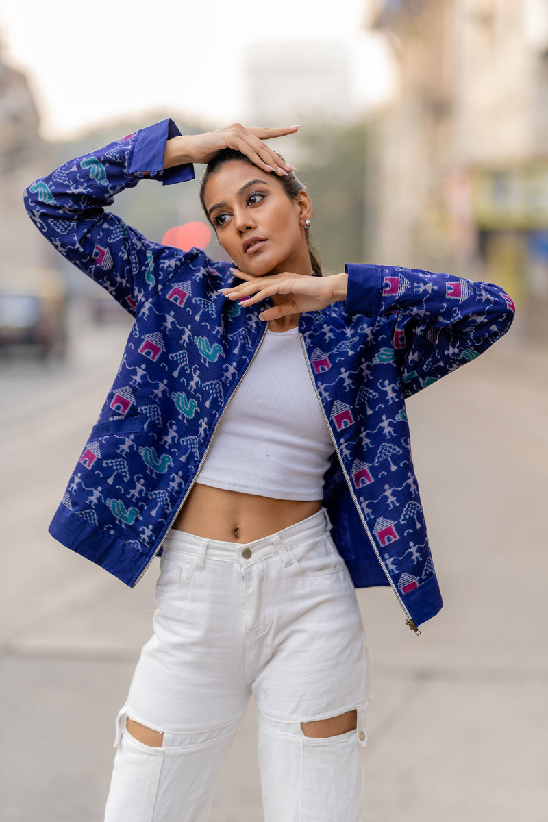 Krushnachuda Indigo Tribal Motif Bomber Jacket