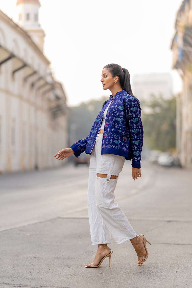 Krushnachuda Indigo Tribal Motif Bomber Jacket