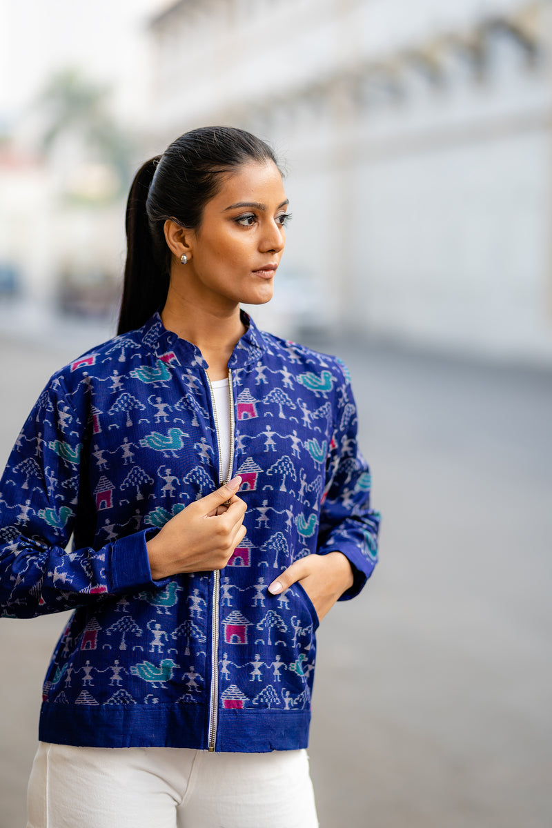 Krushnachuda Indigo Tribal Motif Bomber Jacket