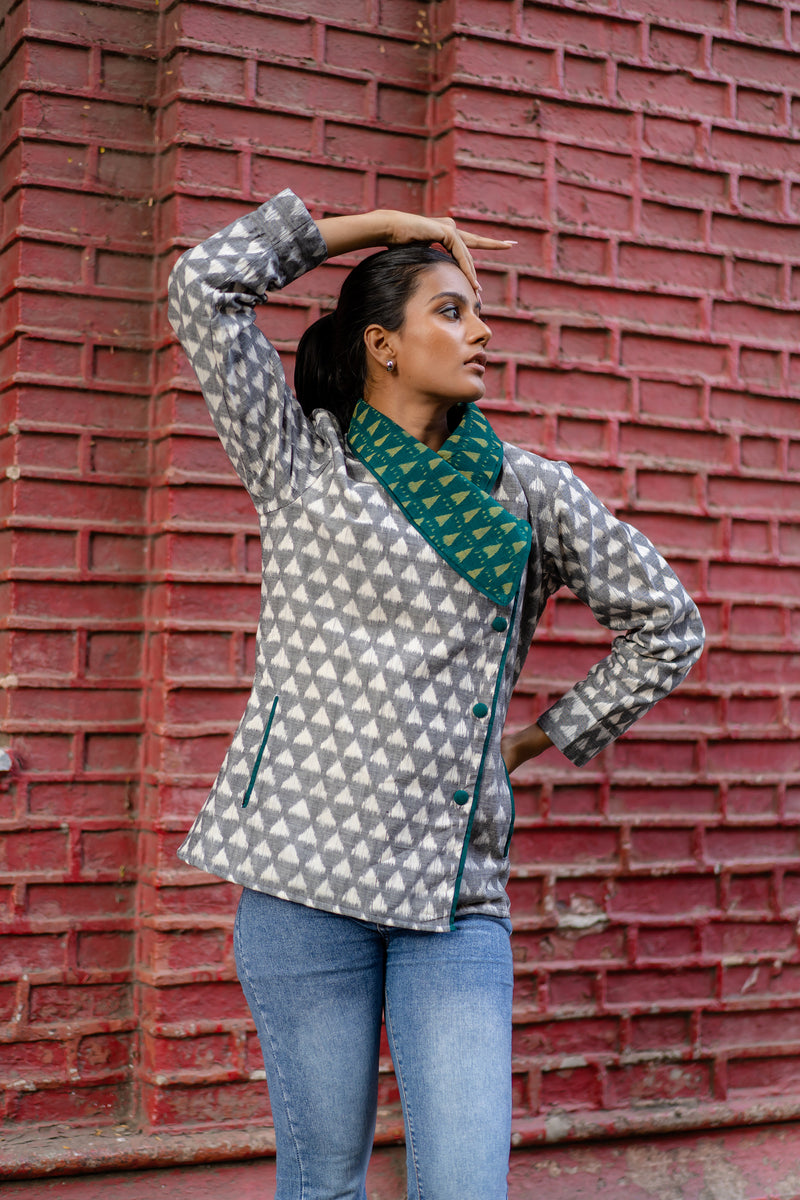 Krushnachuda Grey Ikat Jacket With Contrast Shawl Collar