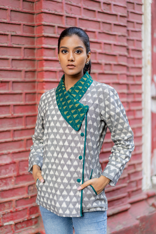 Krushnachuda Grey Ikat Jacket With Contrast Shawl Collar