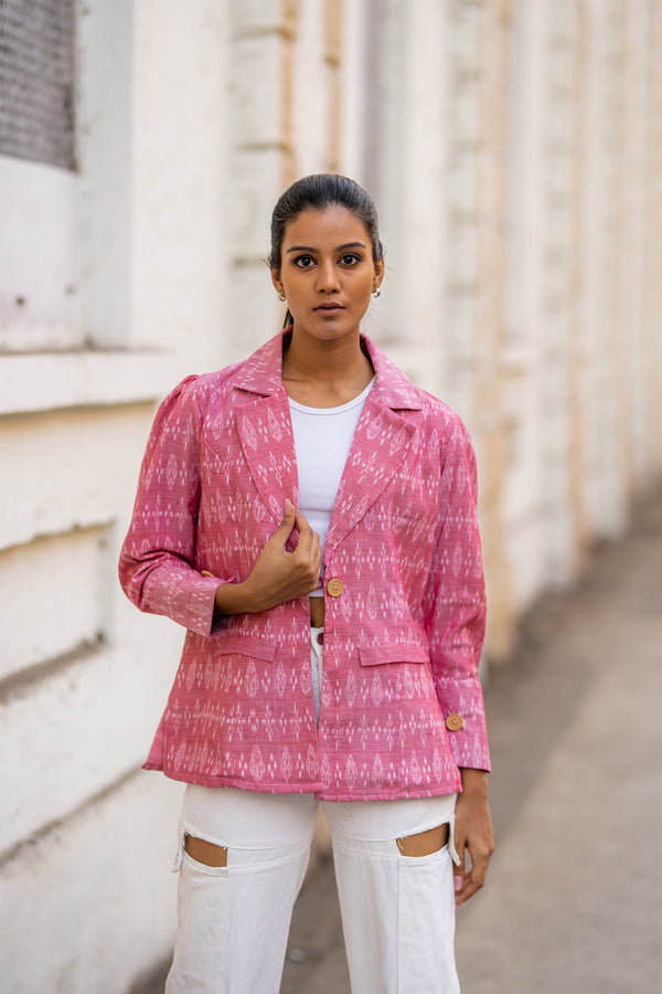 Krushnachuda Pink Ikat Single Buttoned Blazer With Puffed Sleeves