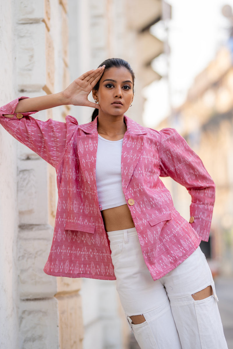 Krushnachuda Pink Ikat Single Buttoned Blazer With Puffed Sleeves