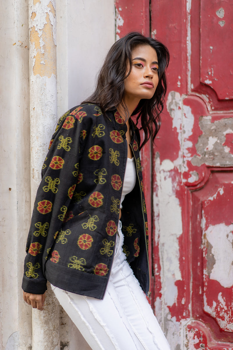 Krushnachuda Black Woven Tribal Motif Bomber Jacket