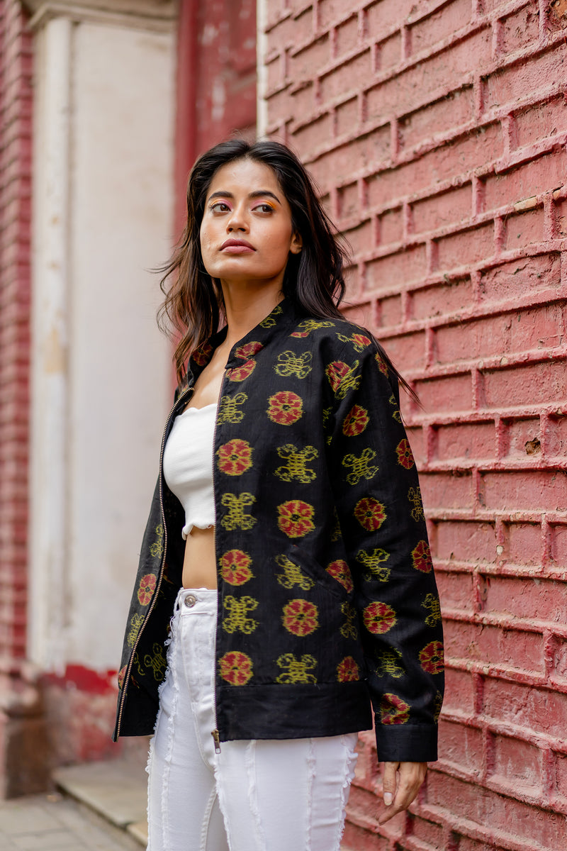 Krushnachuda Black Woven Tribal Motif Bomber Jacket