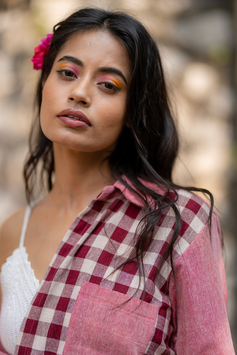 Krushnachuda Naturally Dyed Pink Shirt With Contrast Pattern