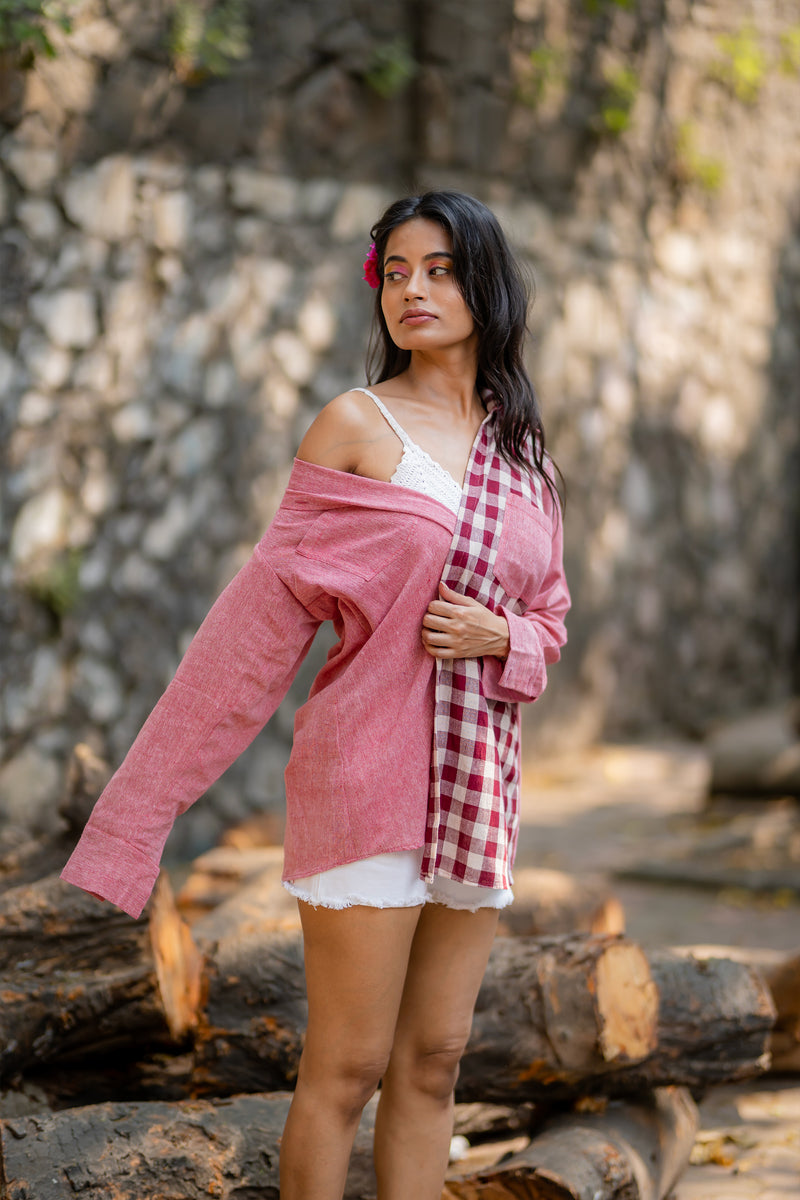 Krushnachuda Naturally Dyed Pink Shirt With Contrast Pattern