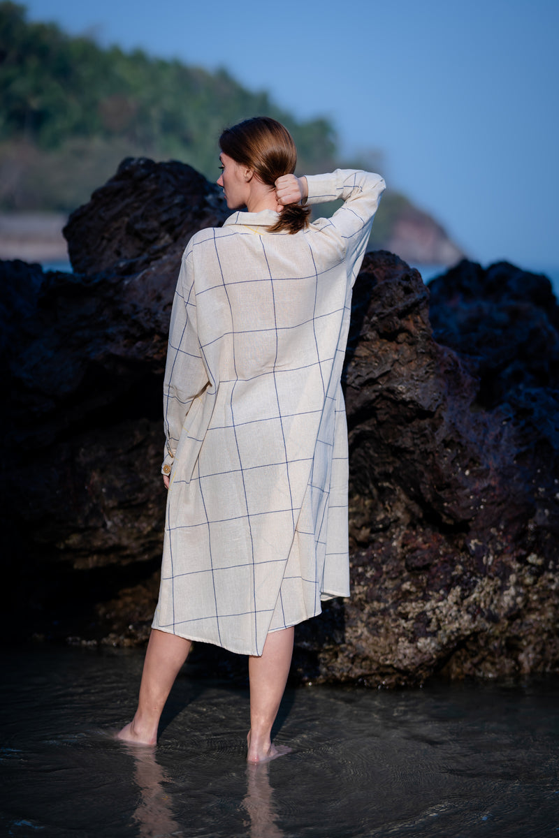 Krushnachuda Krushnachuda Checkered Cream & Blue Handloom Shirt Dress