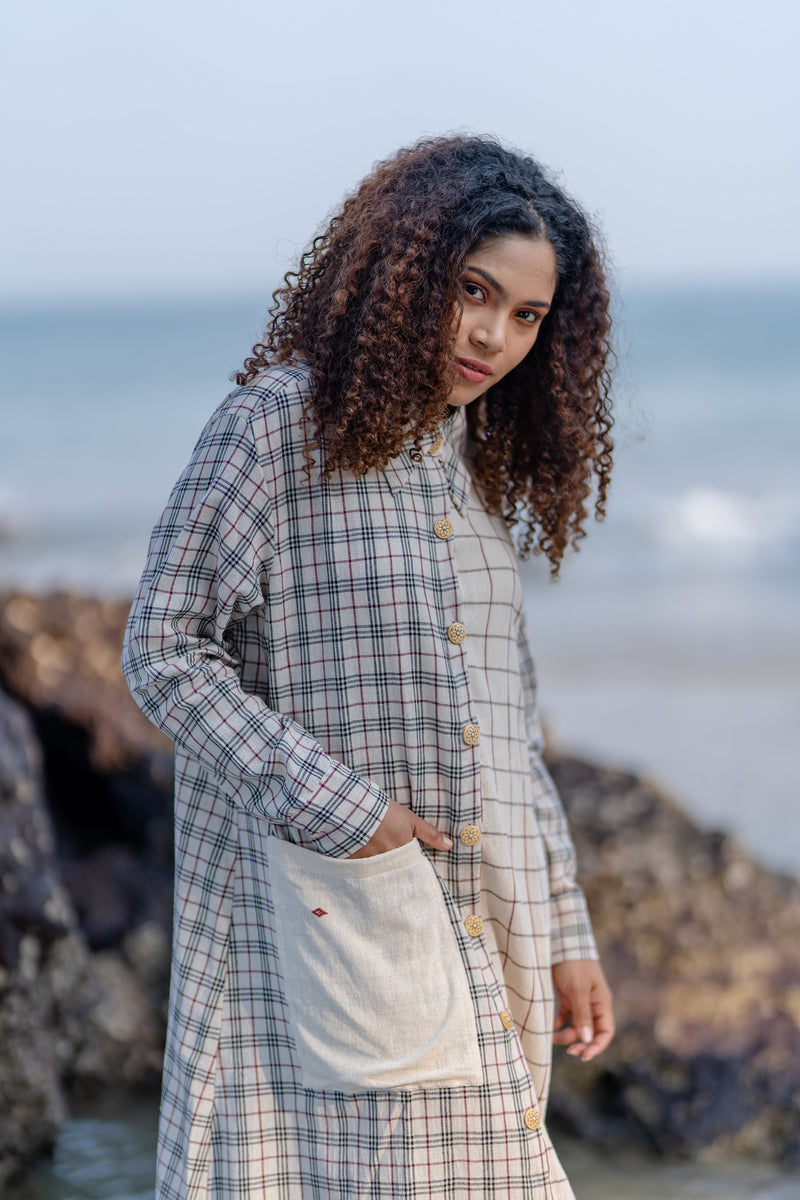 Krushnachuda Krushnachuda Handwoven White Checkered Shirt Dress