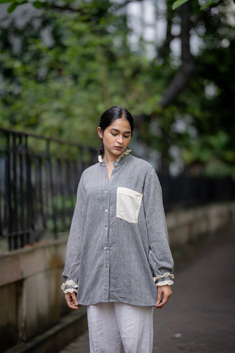 Krushnachuda Grey Breathable Shirt With Contrast Frills