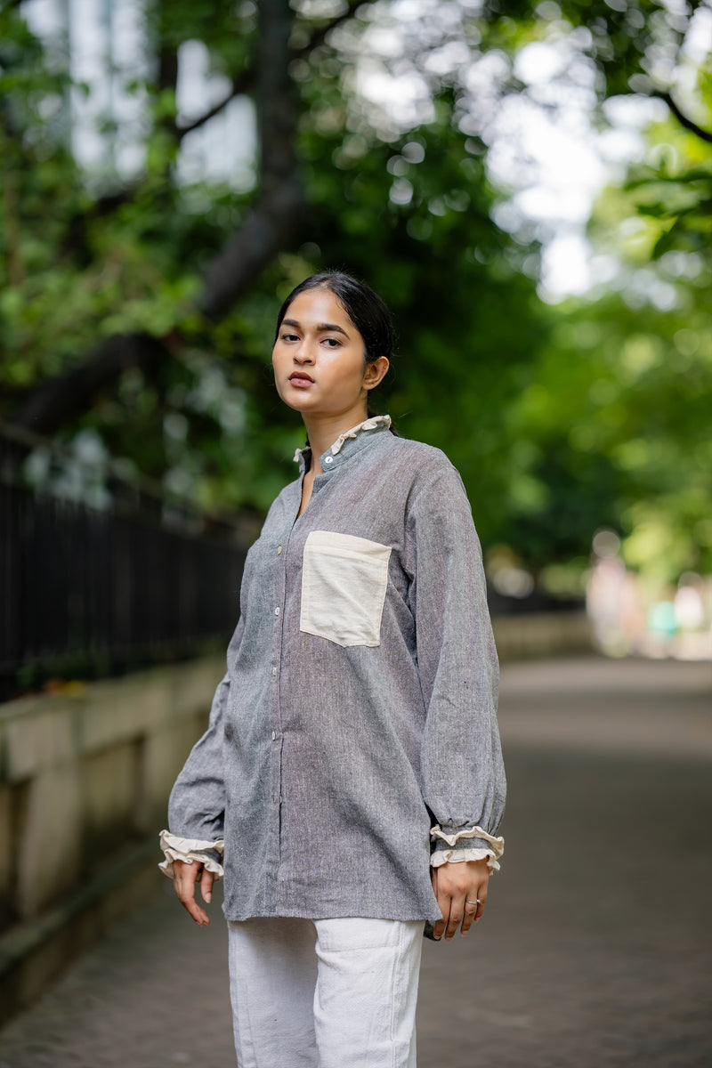 Krushnachuda Grey Breathable Shirt With Contrast Frills