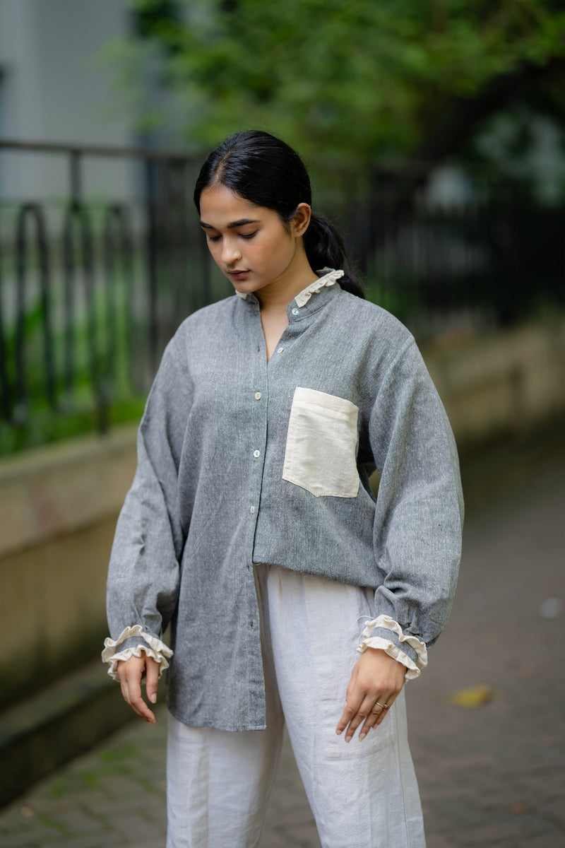 Krushnachuda Grey Breathable Shirt With Contrast Frills