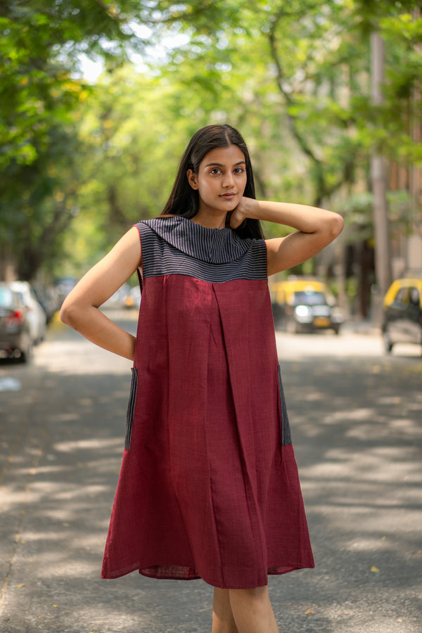 Krushnachuda Krushnachuda Natural Dye Cowl Neck Handloom Maroon Dress