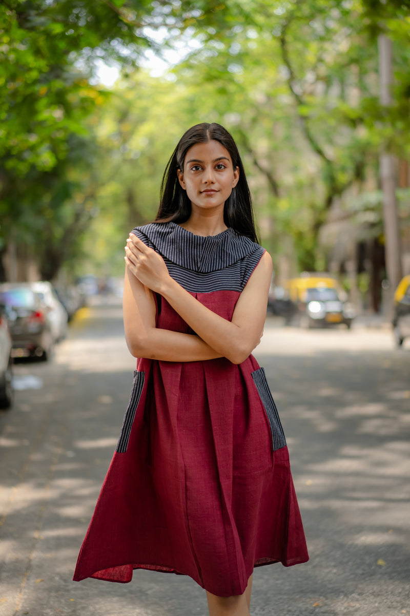 Krushnachuda Krushnachuda Natural Dye Cowl Neck Handloom Maroon Dress