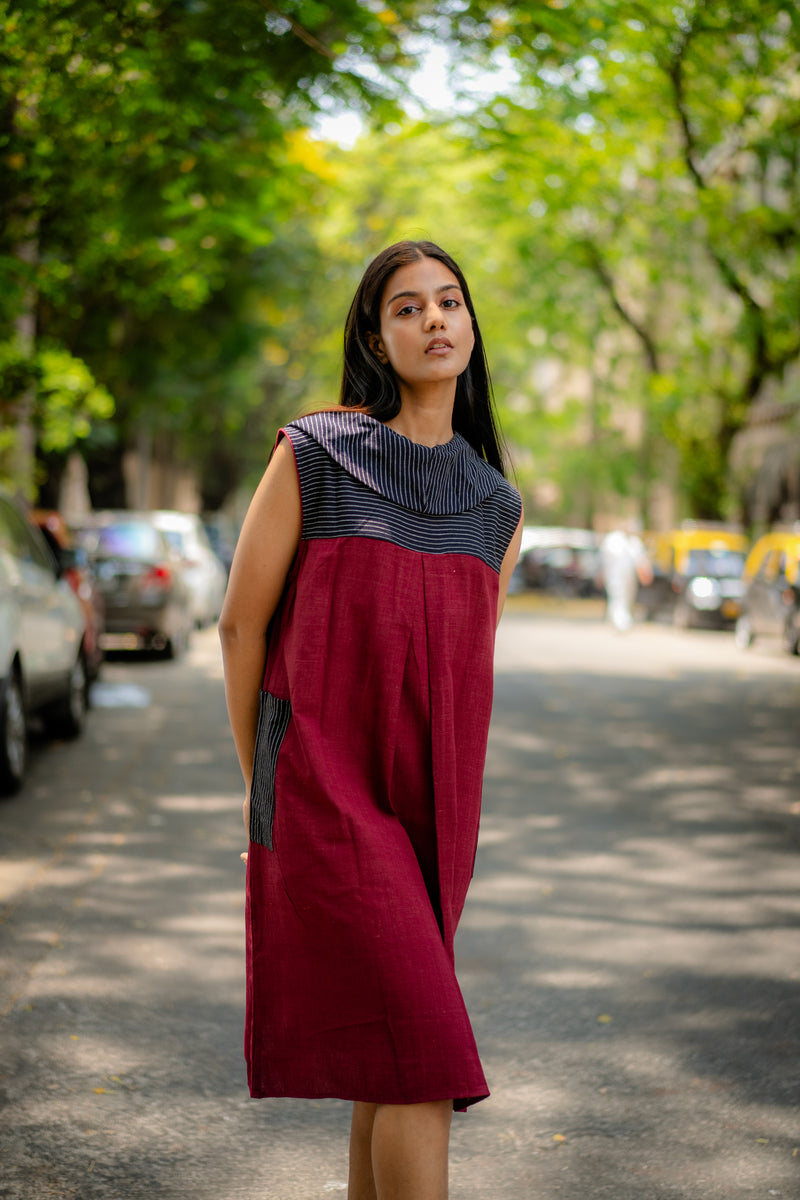 Krushnachuda Krushnachuda Natural Dye Cowl Neck Handloom Maroon Dress