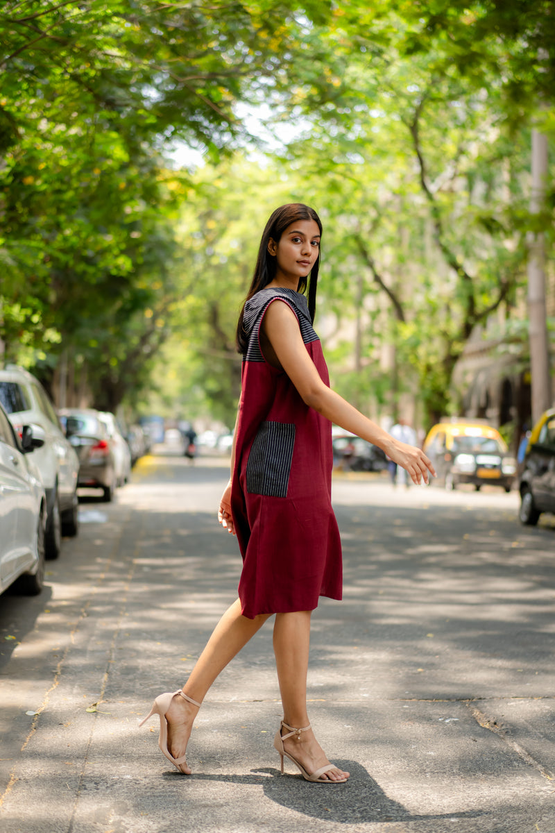 Krushnachuda Krushnachuda Natural Dye Cowl Neck Handloom Maroon Dress