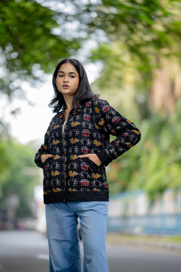 Krushnachuda Black Woven Ikat Bomber Jacket