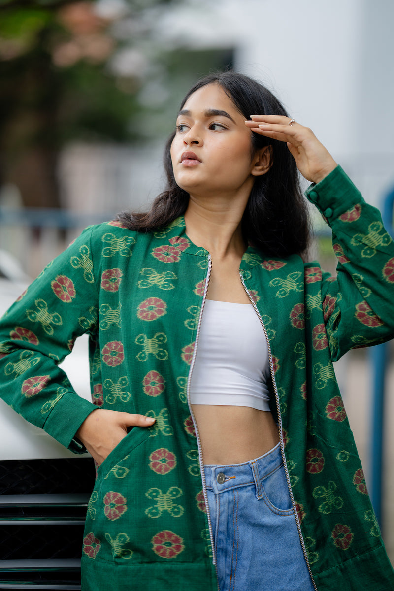 Krushnachuda Green Woven Ikat Bomber Jacket