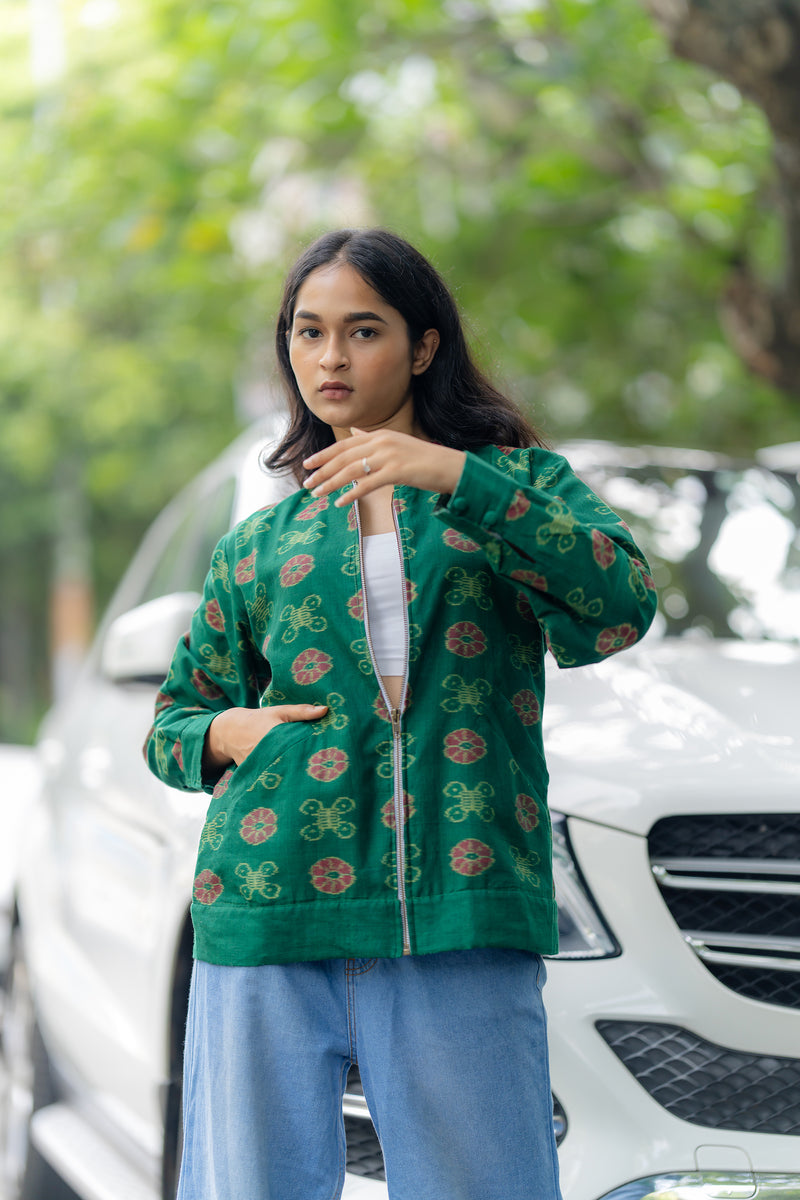 Krushnachuda Green Woven Ikat Bomber Jacket