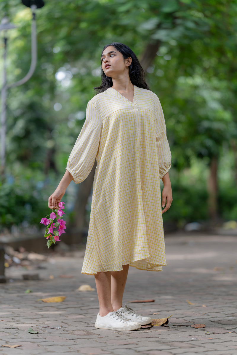 Krushnachuda Krushnachuda Cream & Yellow Handloom Summer Dress