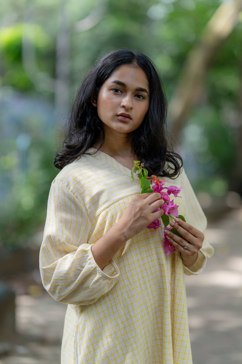 Krushnachuda Krushnachuda Cream & Yellow Handloom Summer Dress