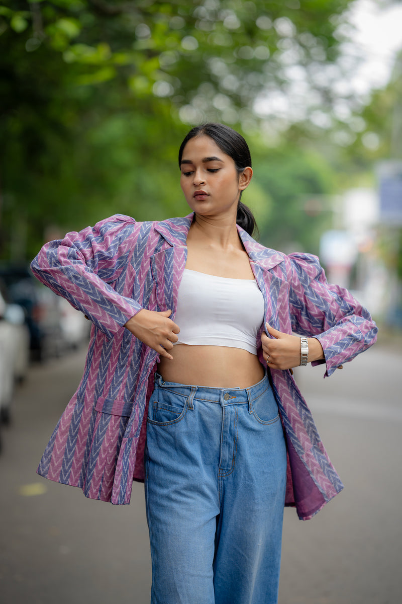 Krushnachuda Purple Ikat Single Buttoned Blazer With Puffed Sleeves