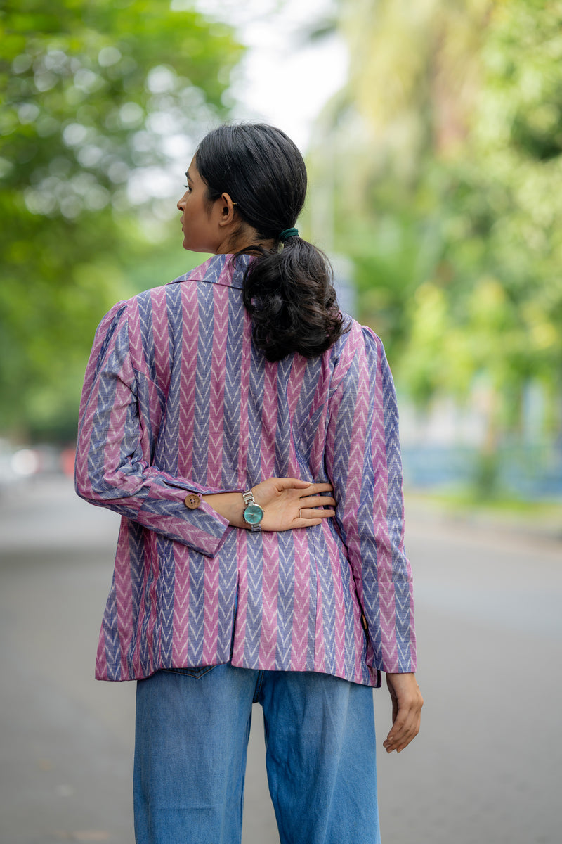 Krushnachuda Purple Ikat Single Buttoned Blazer With Puffed Sleeves