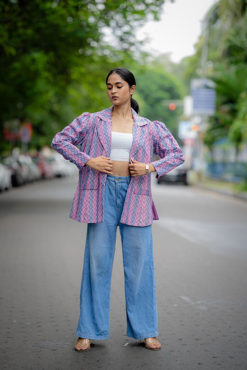 Krushnachuda Purple Ikat Single Buttoned Blazer With Puffed Sleeves