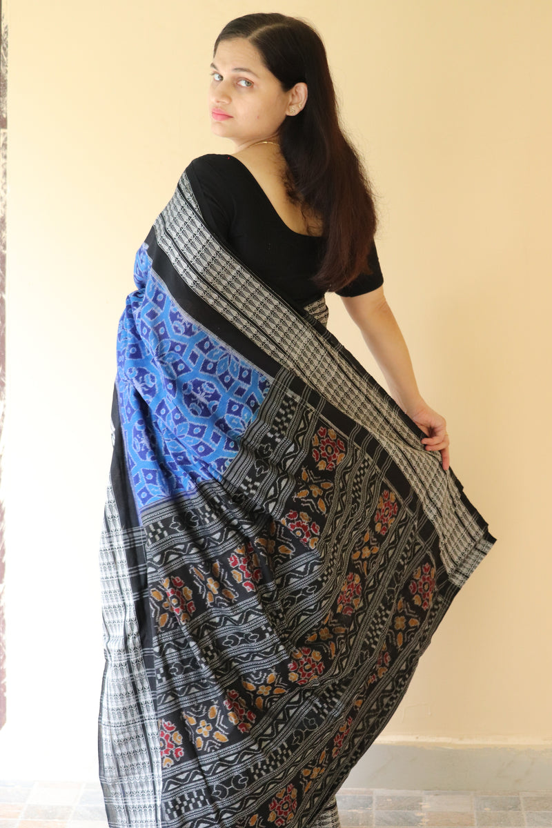 Earthyweaves Women's Blue & Black Sambalpuri Cotton Saree