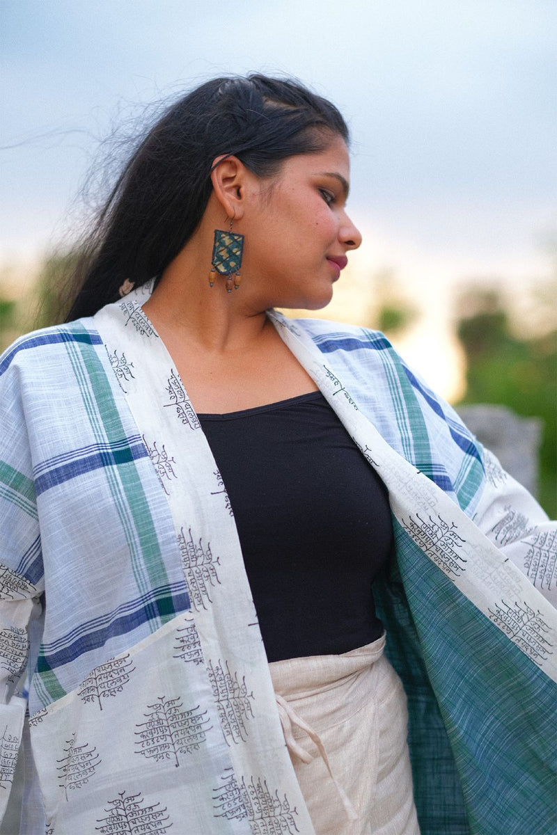 Asian In Me | Linen & Cotton Unisex Checkered White-Green Kimono Jacket| Yoru-kimono