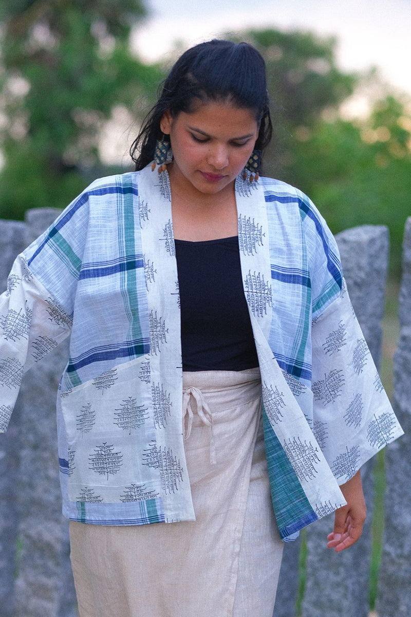 Asian In Me | Linen & Cotton Unisex Checkered White-Green Kimono Jacket| Yoru-kimono