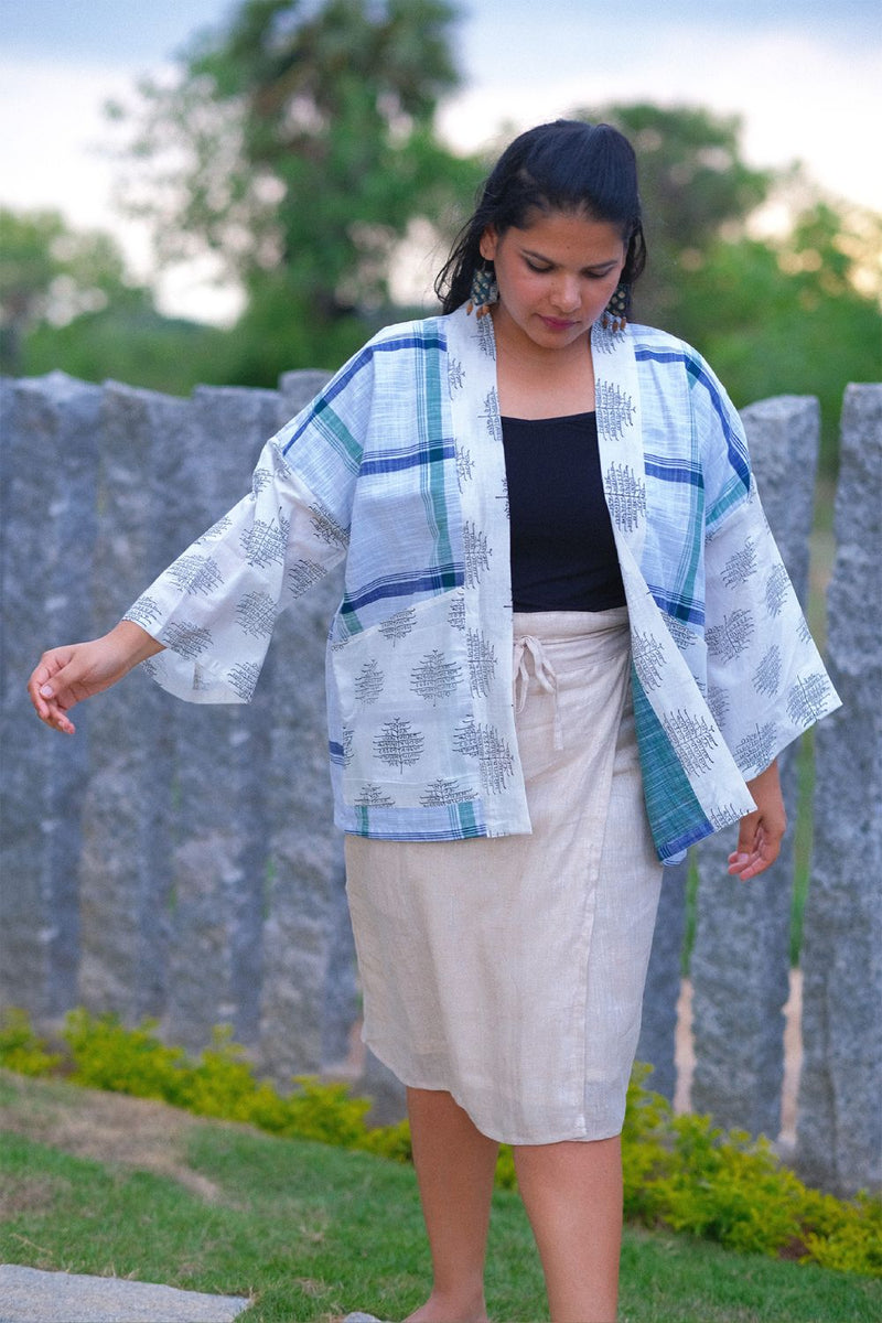 Asian In Me | Linen & Cotton Unisex Checkered White-Green Kimono Jacket| Yoru-kimono