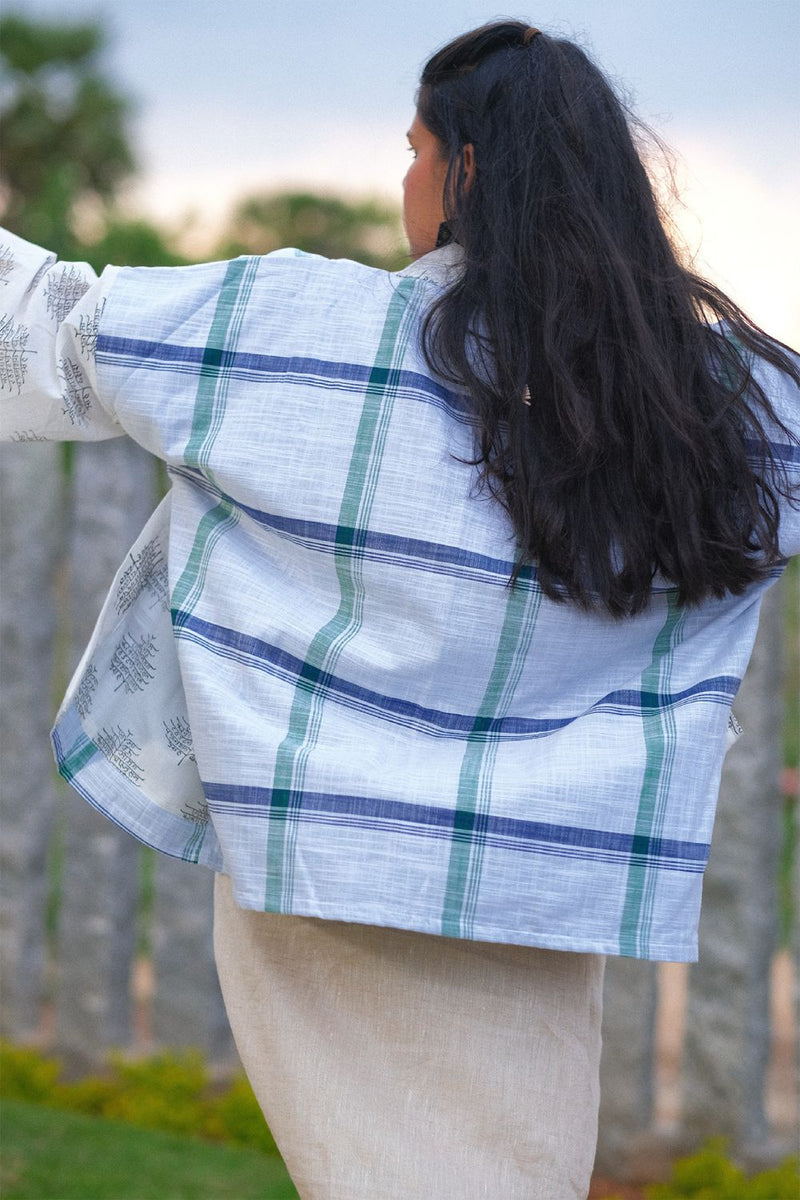 Asian In Me | Linen & Cotton Unisex Checkered White-Green Kimono Jacket| Yoru-kimono