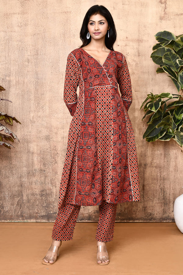 Expressions By UV Lissa Red Ajrakh Cotton Flared Kurta Set