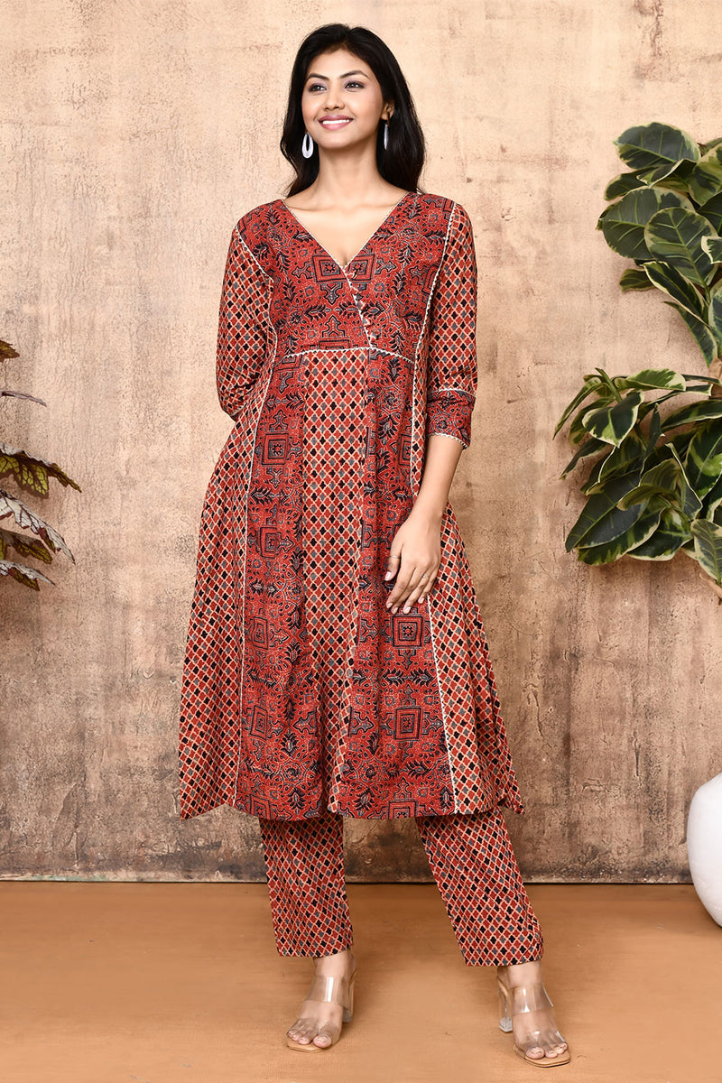 Expressions By UV Lissa Red Ajrakh Cotton Flared Kurta Set