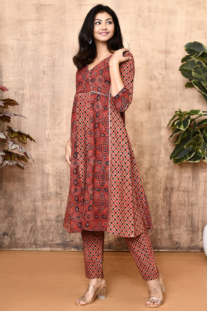 Expressions By UV Lissa Red Ajrakh Cotton Flared Kurta Set