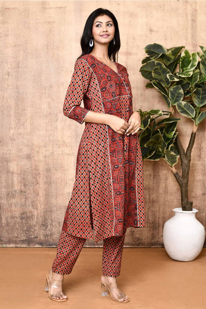 Expressions By UV Lissa Red Ajrakh Cotton Flared Kurta Set