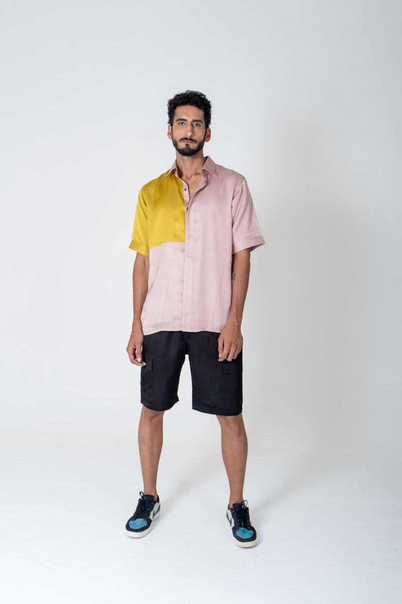 Neora by Nehal Chopra Pink-Yellow Color-Blocked Men's Shirt