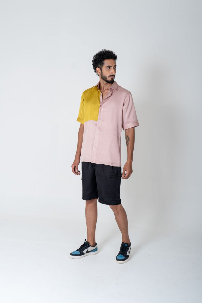 Neora by Nehal Chopra Pink-Yellow Color-Blocked Men's Shirt