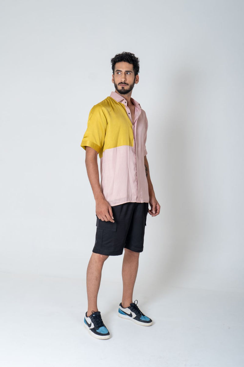 Neora by Nehal Chopra Pink-Yellow Color-Blocked Men's Shirt