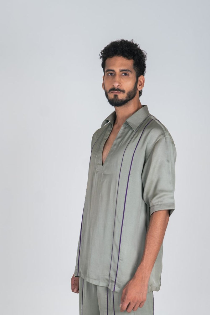 Neora by Nehal Chopra Green Men's Shirt with Purple Pipin