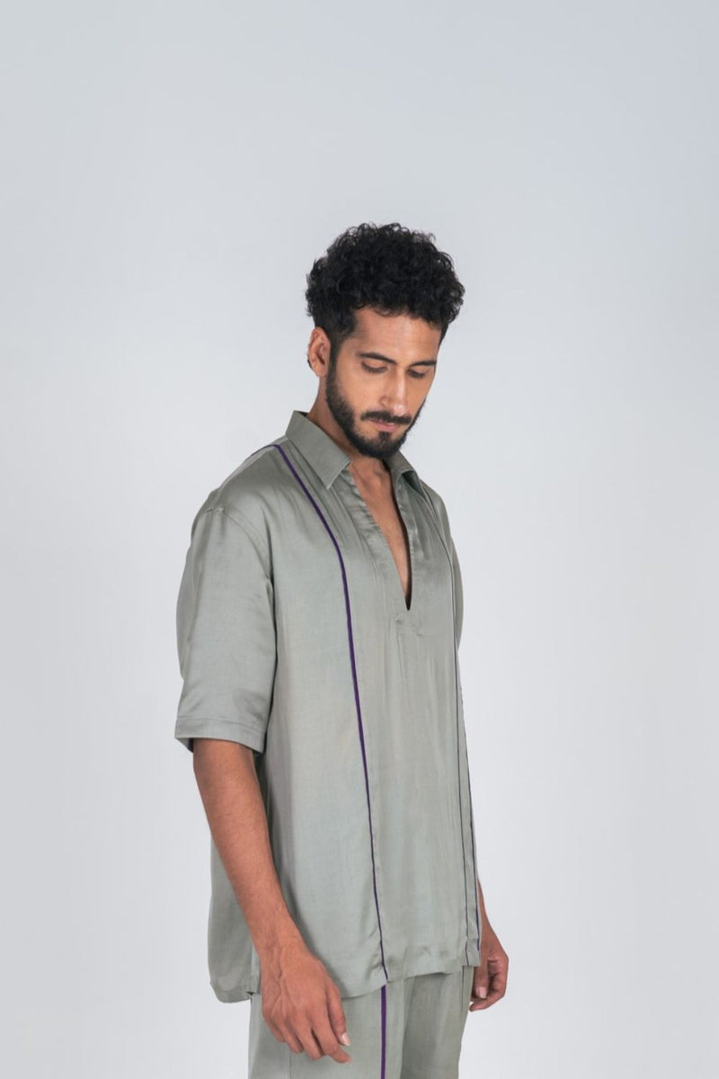 Neora by Nehal Chopra Green Men's Shirt with Purple Pipin