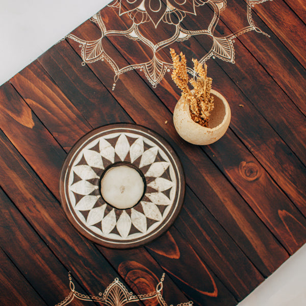 Scrapshala Stain-Proof Foldable Walnut Mandala Wooden Table Runner