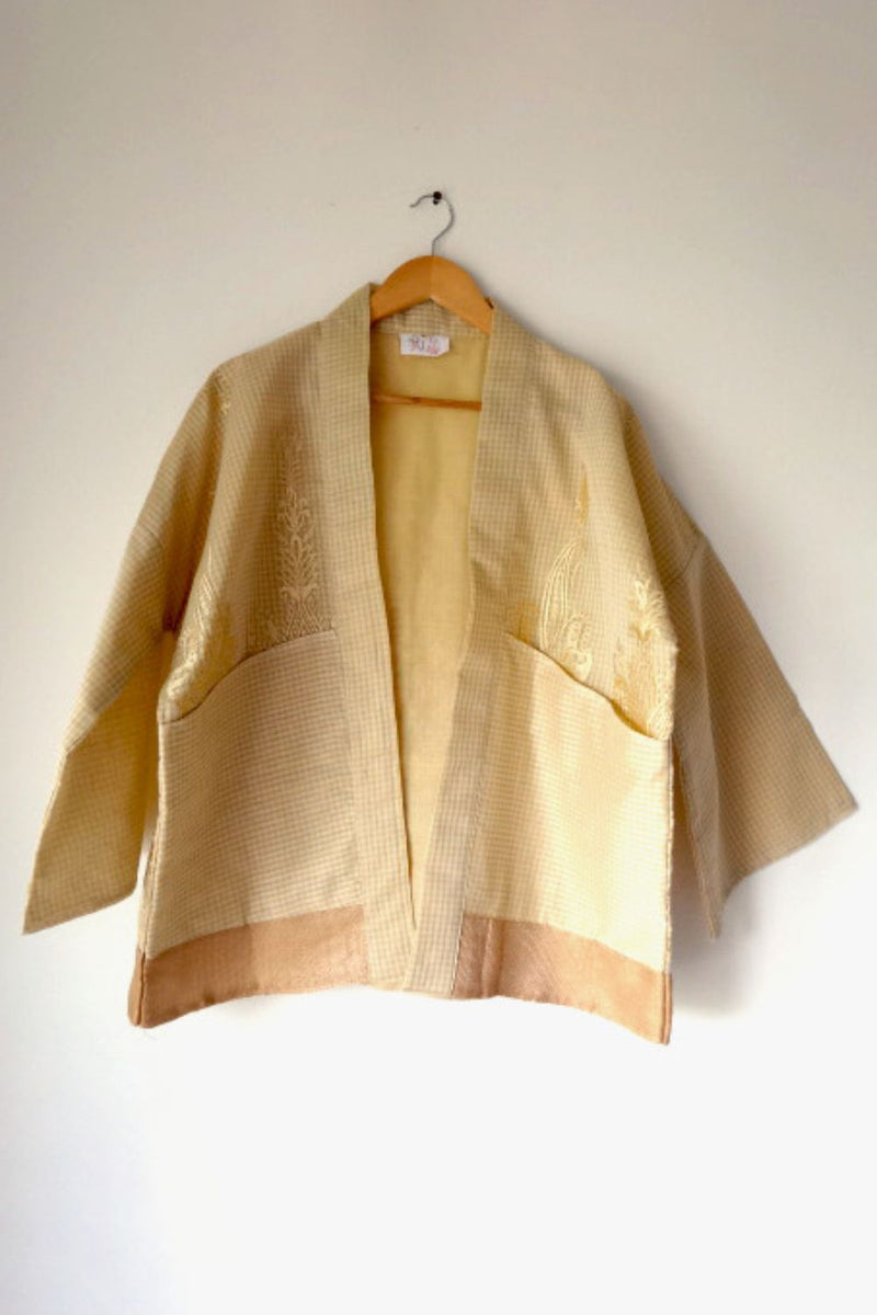 Asian In Me | Crafted from pre-loved handwoven saree | Unisex Cream-golden Kimono Jacket| Yoru-kimono