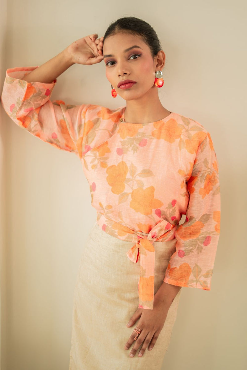 Asian In Me | Cotton-Silk Women's Orange Floral Print Top | Cross-Over Top